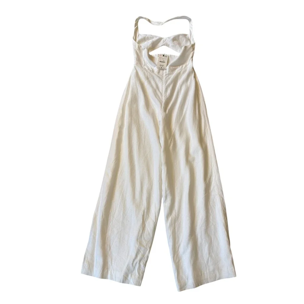 Zara‎ White Linen Blend Halter Cutout Wide Leg Jumpsuit 3607/709/250 Large